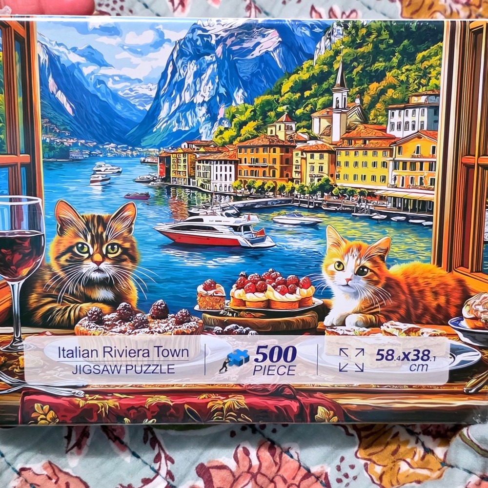 JIUJIU Italian Riviera Town Jigsaw Puzzle 500 Piece Cats Scenic Coastal 58x38cm